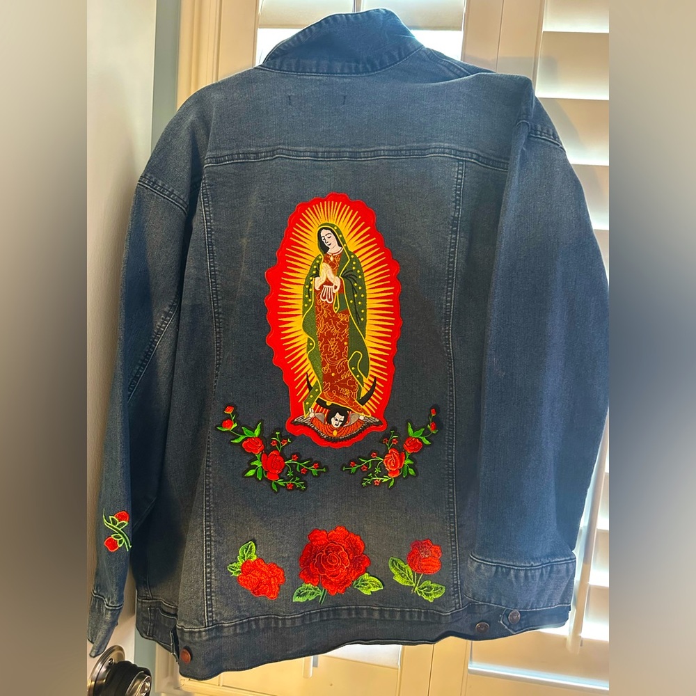 Denim Jacket with Colorful Religious Embroidery